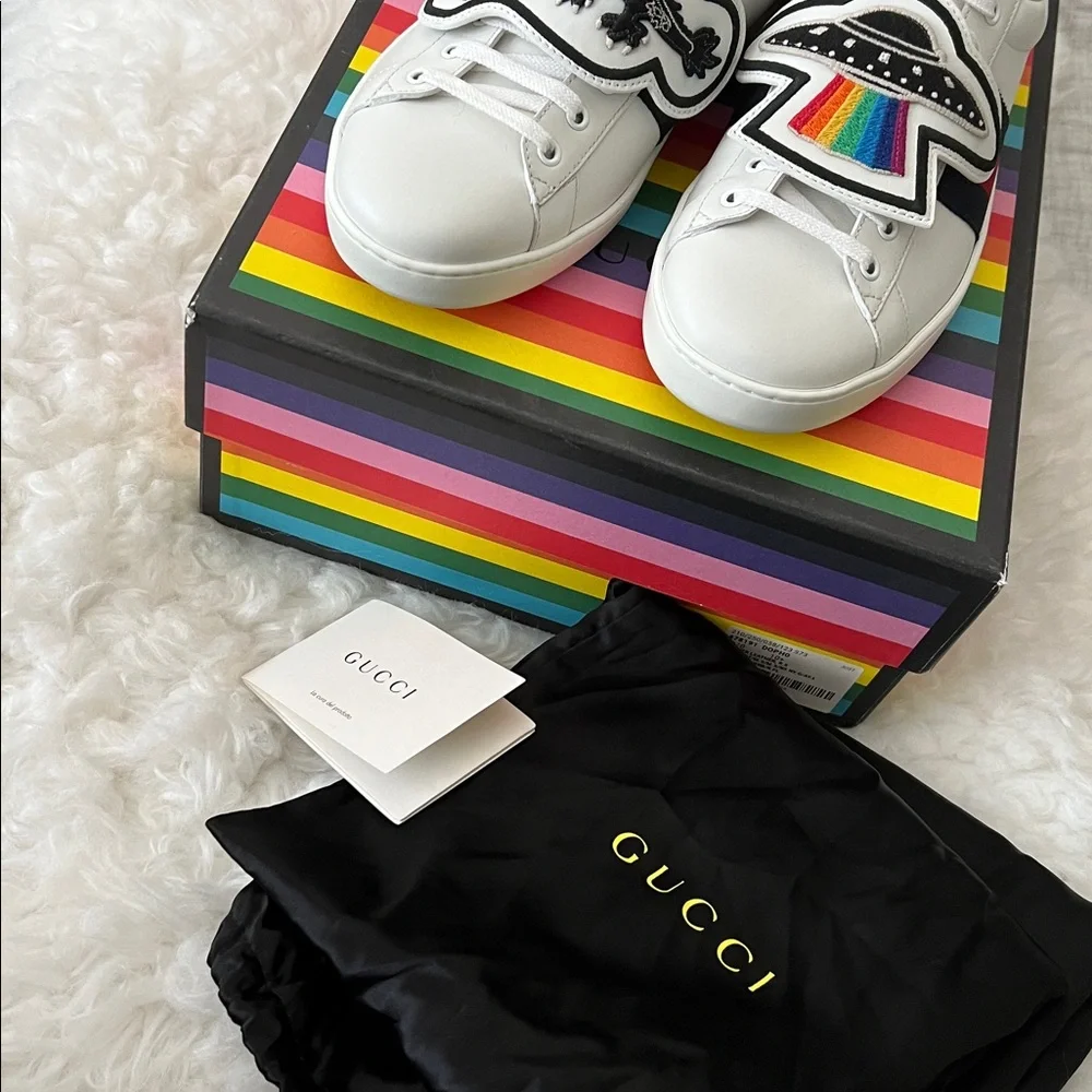 🆕 Auth Gucci Sneakers Ace Gucci 10.5 Removable Patches